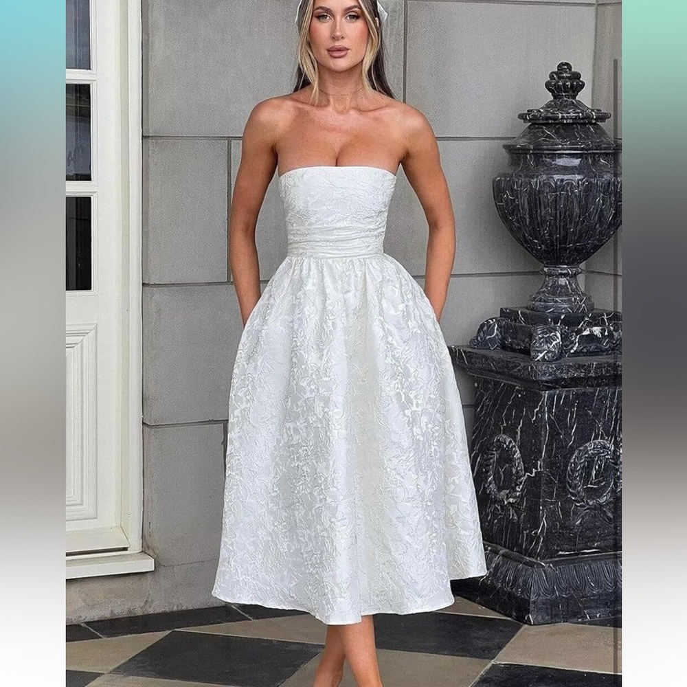 Strapless Jacquard Floral Corset Dress - White
